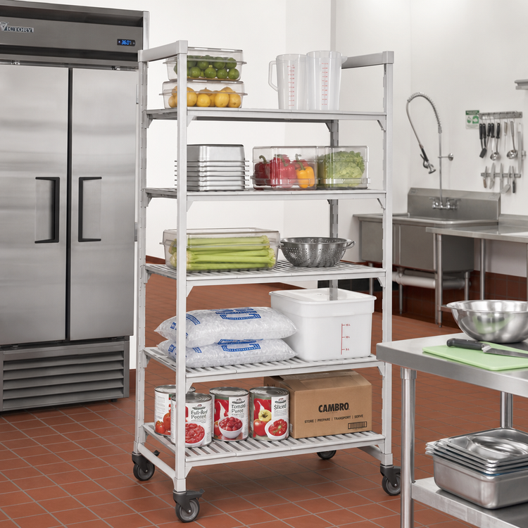 Product image #3 for Cambro Camshelving Premium 21" x 36" x 67-1/4" 5-Tier Vented Mobile Starter Polymer Shelving Unit, Speckled Gray