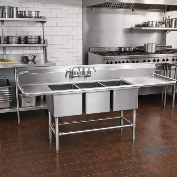 Product image #2 for Spec-Master FN Series Three-Compartment Commercial Sink with Right Drainboard