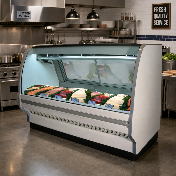 Product image #2 for Howard-McCray 40E Series 99.5-Inch Self-Contained Curved Glass Fish & Poultry Refrigerated Service Case, Stainless Steel, LED