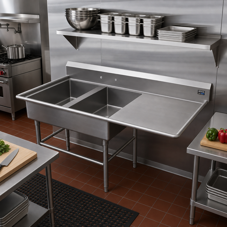Product image #2 for John Boos Pro-Bowl 2-Compartment Commercial Sink with Right Drainboard, 20 x 28 x 12-Inch Bowls, 64-3/16-Inch Wide