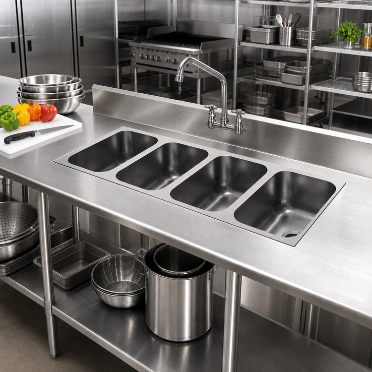 Product image #2 for Eagle Group FDI-16-19-8-4 Four-Compartment Weld-In Sink with 16" x 20" x 8" Bowls, 304 Stainless Steel