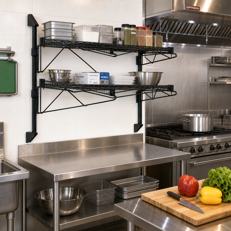 Product image #2 for Quantum Wall-Mount Cantilever Double-Shelf Wire Shelving Unit, 42 x 24 Inches, Black Epoxy Antimicrobial Finish