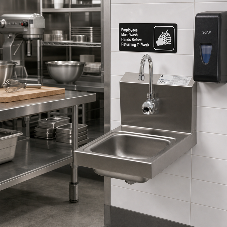 Product image #2 for Advance Tabco 7-PS-53 Wall Mounted Hand Sink with Electronic Faucet and Crumb Basket, 9 x 9 x 5 Bowl, 304 Stainless Steel