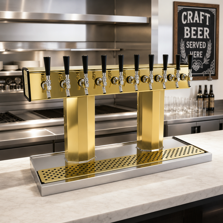 Product image #2 for Glastender Countertop Tee Draft Dispensing Tower, Glycol-Cooled, 10-Faucet, Polished Brass Finish