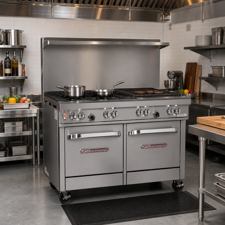 Product image #2 for Southbend Ultimate 48-Inch Gas Restaurant Range with 4 Star/Sauté Burners, 24-Inch Charbroiler, Convection Oven and Cabinet Base