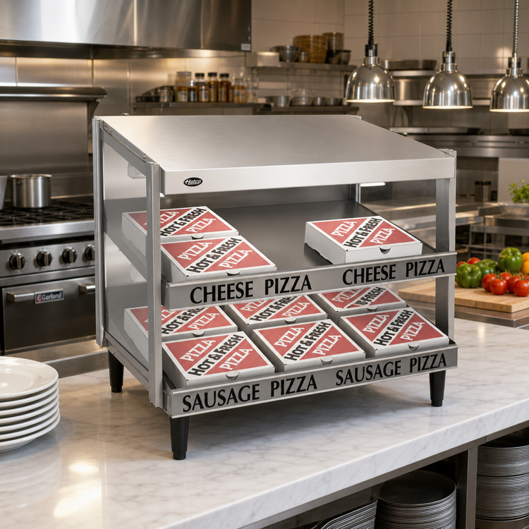 Product image #2 for Hatco Glo-Ray Countertop Pass-Thru Pizza Warmer with Double Slant Shelves, 24 x 24 Inch, 1200 Watt