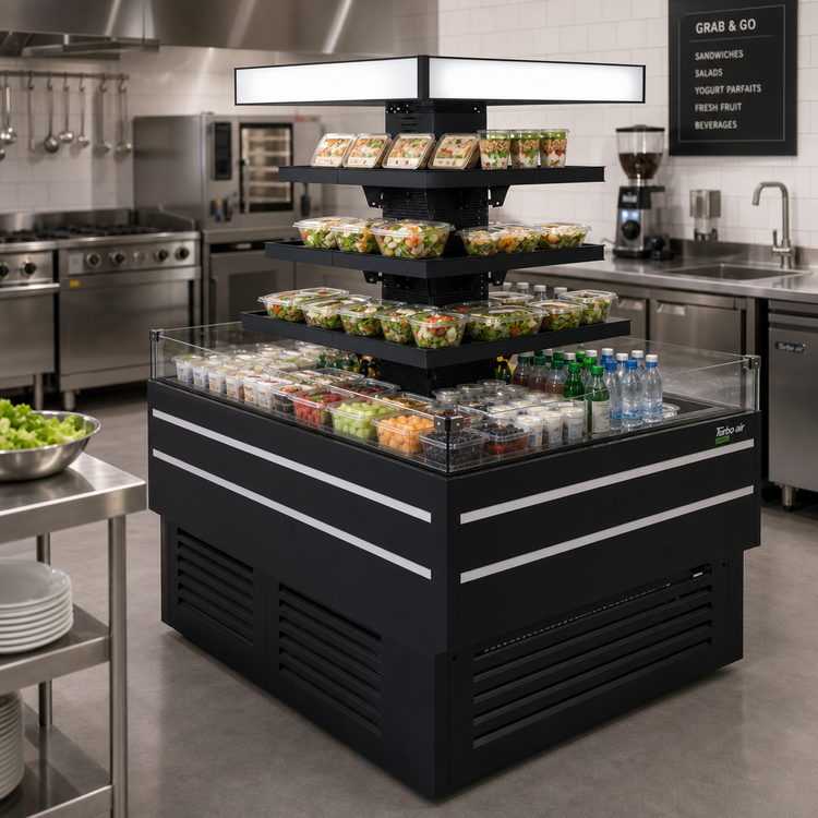 Product image #2 for Turbo Air 47-1/8-Inch Wide 23.7 Cu. Ft. Open Flat 3-Tier Self-Serve Island Refrigerated Merchandiser, Black, Self-Contained