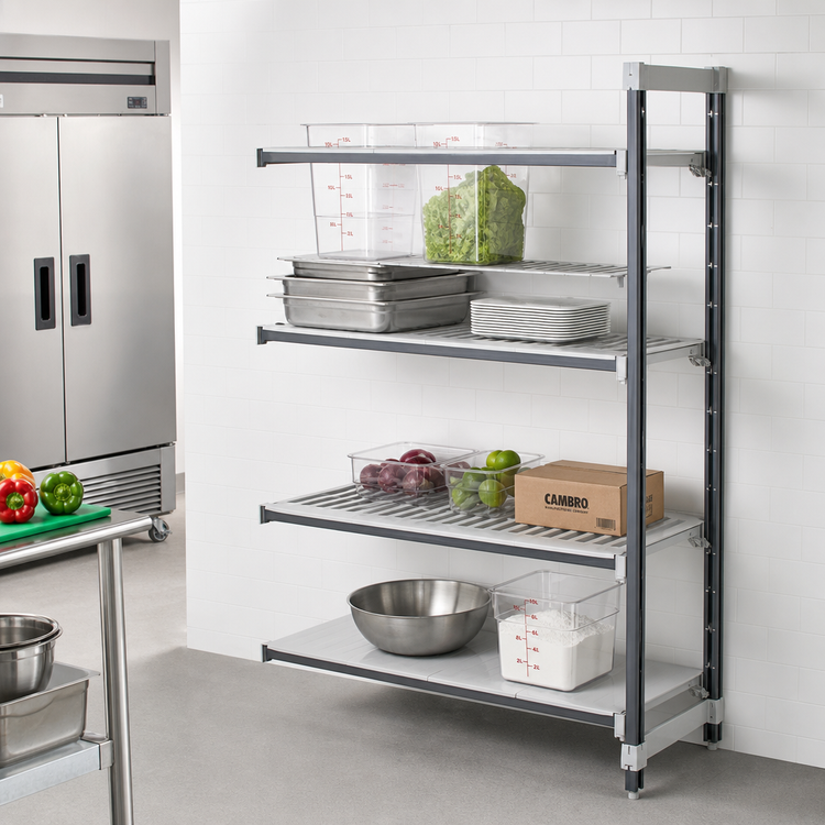 Product image #2 for Cambro Camshelving Elements XTRA Stationary Add-On Shelving Unit, 24 Inch Deep x 48 Inch Long x 72 Inch High, 4-Tier, 3 Vented + 1 Solid Shelf Plates, Speckled Gray