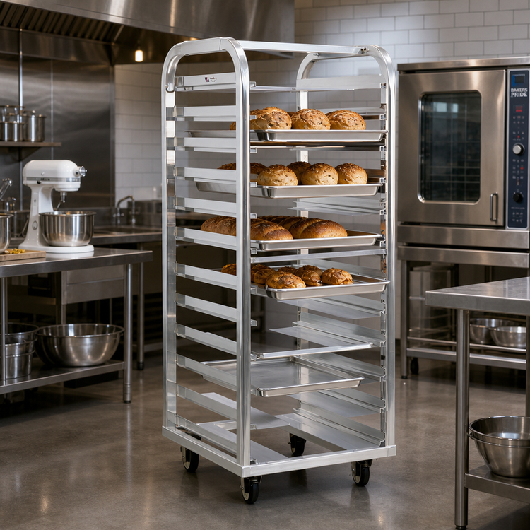 Product image #2 for New Age Lifetime Series Heavy-Duty Aluminum Roll-In End-Load Bun Pan Rack, 64 Inch High, 10-12 Pan Capacity