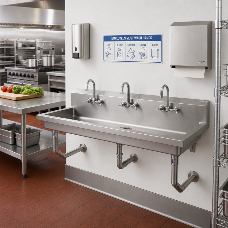 Product image #2 for John Boos PBMSHS-W2-6020 Wall-Mount Multi-Station Hand Wash Sink, 60 Inch, 3 Sets of 4-Inch O.C. Faucet Holes