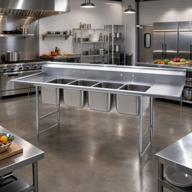 Product image #2 for Eagle 414 Series 140" Four-Compartment Stainless Steel Sink with Double 18" Drainboards