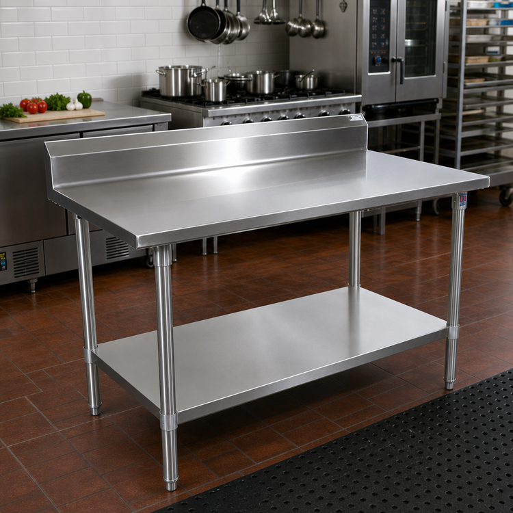 Product image #2 for John Boos Stallion 84 x 36-Inch 14-Gauge 300-Series Stainless Steel Work Table with 5-Inch Backsplash and Undershelf