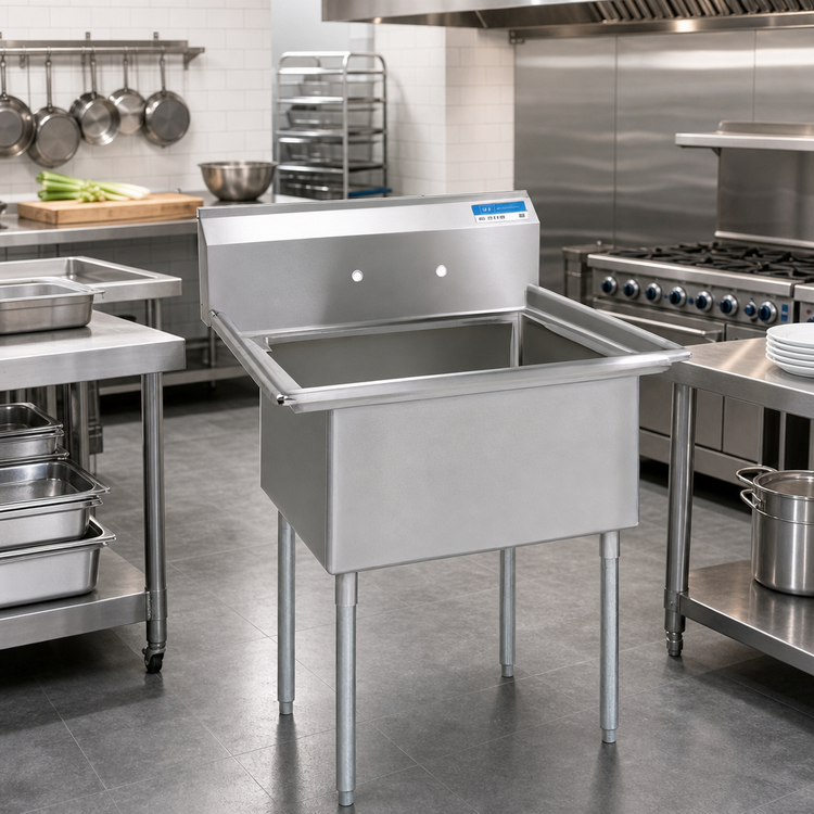Product image #2 for One Compartment Stainless Steel Sink with 24 x 24 x 14 Inch Bowl, 9 Inch Backsplash, and Galvanized Legs