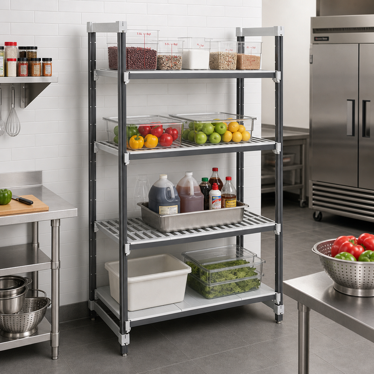 Product image #2 for Cambro Camshelving Elements XTRA Stationary Starter Unit, 21-Inch Deep x 42-Inch Wide x 72-Inch High, 4-Shelf Vented and Solid Polymer Shelving, Speckled Gray