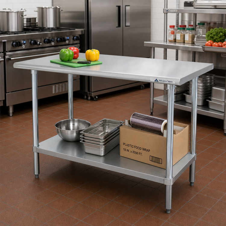 Product image #2 for Advance Tabco Special Value 48-Inch x 24-Inch Flat Top Stainless Steel Work Table with Adjustable Undershelf