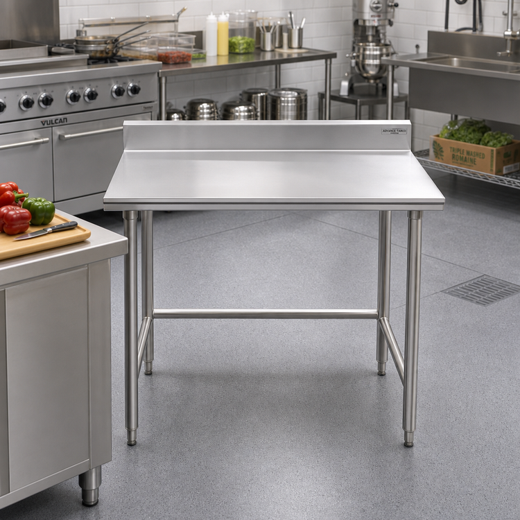 Product image #2 for Advance Tabco 48 Inch x 30 Inch 16 Gauge 304 Stainless Steel Work Table with 5 Inch Backsplash and Open Base