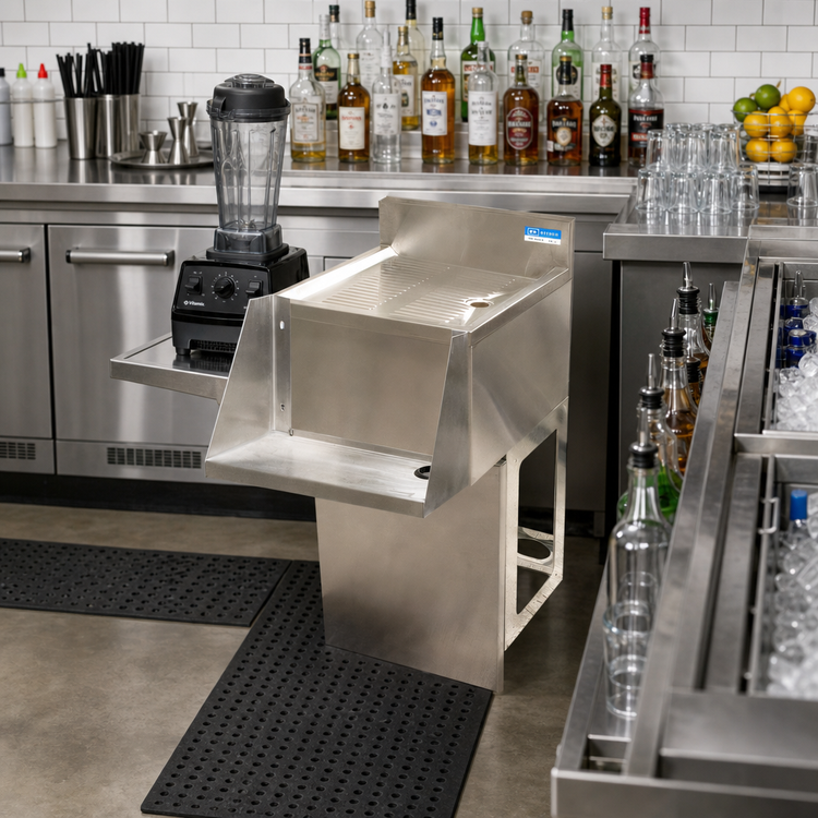 Product image #2 for BK Resources Freestanding Underbar Mixing Station with Drainboard and Add-On Blender Shelf, 12 x 21-1/4-Inch, Pedestal Base