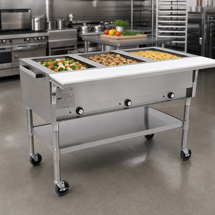 Product image #2 for Portable Electric Hot Food Table, 51-Inch Wide, with 3 Dry Wells, Open Base, and Cutting Board