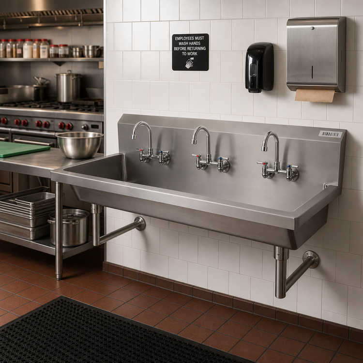 Product image #2 for BK Resources Three-Station Wall-Mounted Stainless Steel Hand Wash Sink, 72 Inches Wide