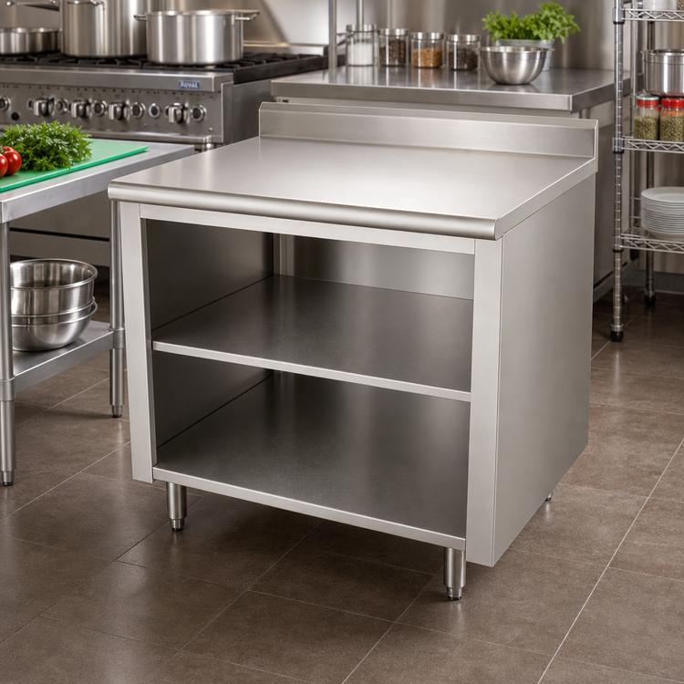 Product image #2 for Advance Tabco 36 Inch x 36 Inch Stainless Steel Work Table with Open Front Cabinet Base, Mid-Shelf, and 5 Inch Backsplash