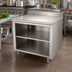 Thumbnail image #2 for Advance Tabco 36 Inch x 36 Inch Stainless Steel Work Table with Open Front Cabinet Base, Mid-Shelf, and 5 Inch Backsplash