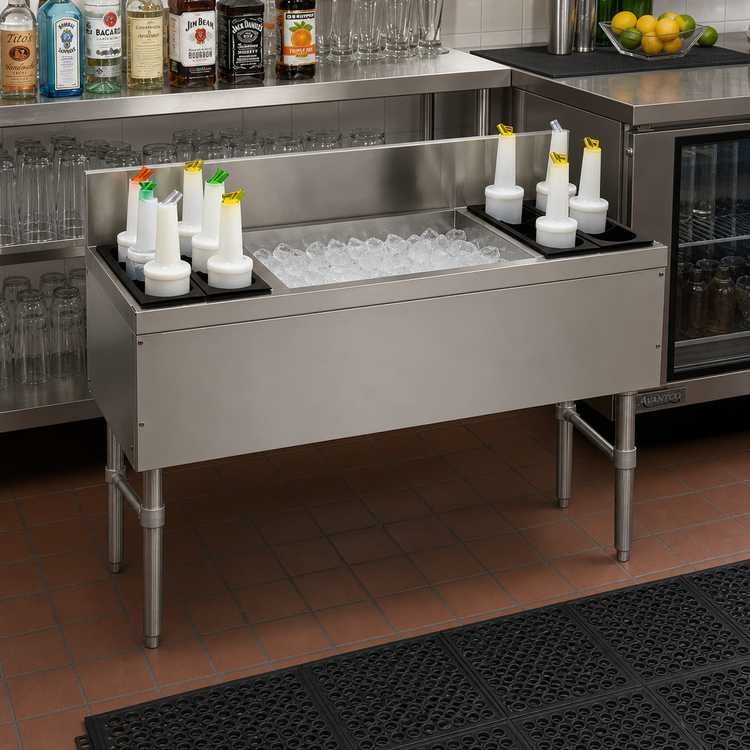 Product image #2 for Advance Tabco Prestige 48-Inch Stainless Steel Underbar Ice Chest with Dual Bottle Racks and 7-Inch Backsplash