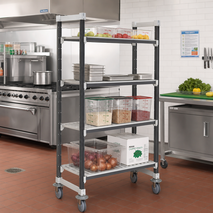 Product image #2 for Cambro Camshelving Elements XTRA High Density Mobile Starter Unit, 24" x 48" x 78-1/4", 4-Tier, Vented, Speckled Gray
