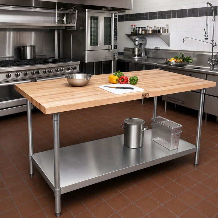 Product image #2 for John Boos HNS20 96-Inch x 36-Inch Northern Hard Rock Maple Wood Top Work Table with Adjustable Undershelf