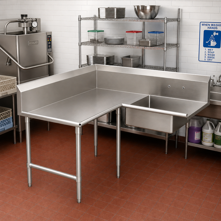 Product image #2 for Pro-Bowl 14 Gauge Stainless Steel Corner Soiled Dishtable with 20 x 20 x 8 Sink Bowl, 10 Inch Backsplash, 60 x 120 Inch L-Shape, Left-to-Right Operation
