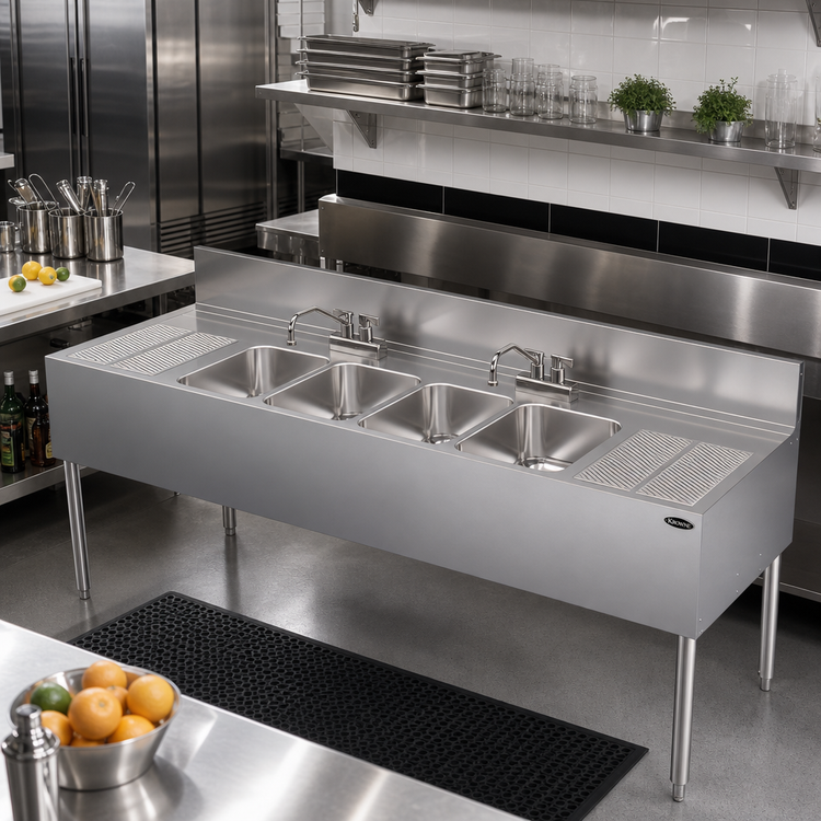 Product image #2 for Krowne Royal Series Four-Compartment Underbar Sink Unit with Dual Drainboards and Deck-Mount Faucet, 72W x 24D