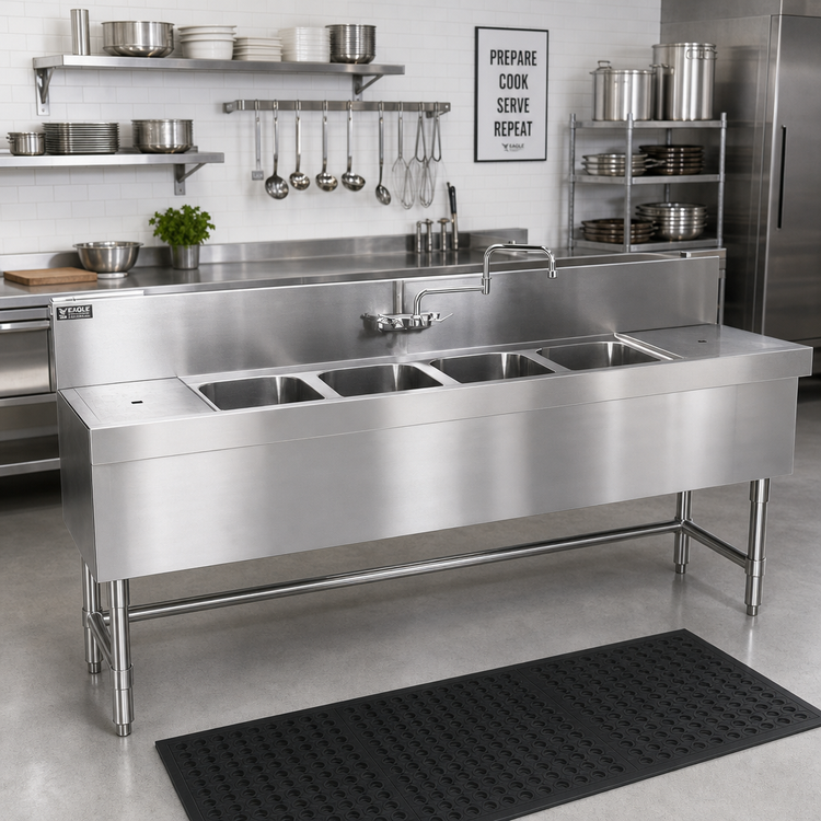 Product image #2 for Eagle Spec-Bar 4-Compartment Underbar Sink Unit with Left and Right Drainboards, 72-Inch Long x 24-Inch Deep