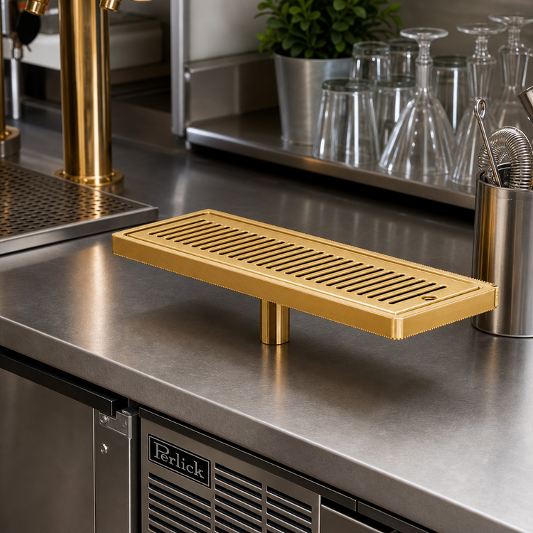 Product image #2 for Perlick 5000 Series Surface Mount Drip Pan Trough with Removable Louvered Glass Rack, Tarnish-Free Brass, 13-3/4 x 4-7/8 Inches