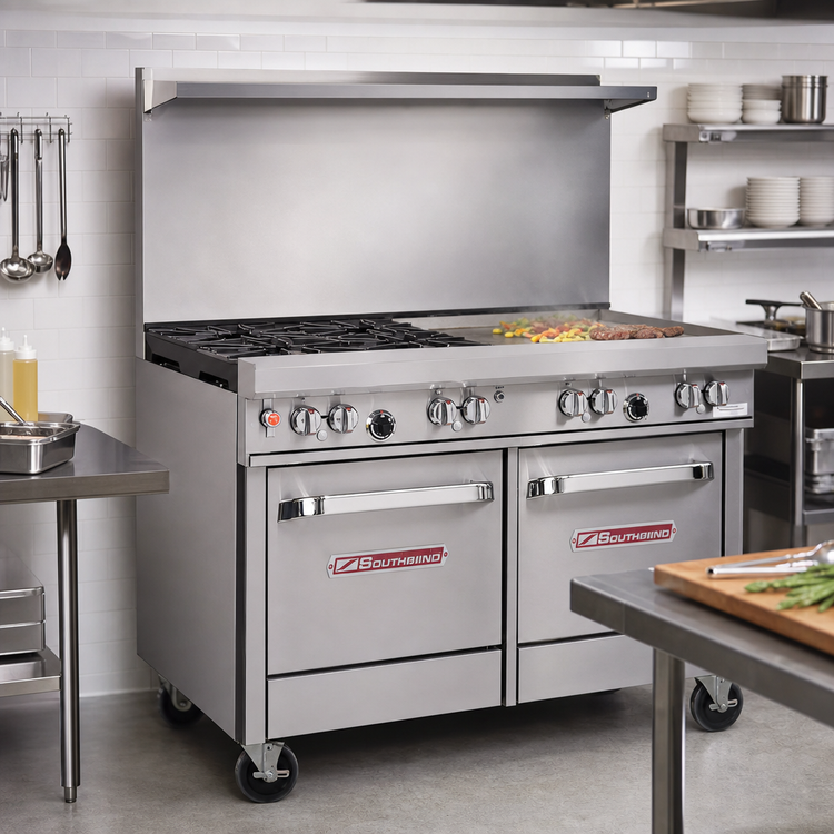 Product image #2 for Southbend Ultimate 48-Inch Gas Restaurant Range with 2 Star/Sauté Burners, 36-Inch Griddle, Convection Oven, and Cabinet Base