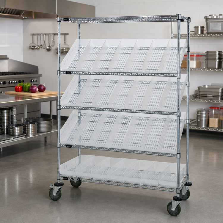 Product image #2 for Quantum Slanted Shelf Cart with 5 Shelves and 20 Clear Bins, 36 x 18 x 69 Inch, Chrome Plated