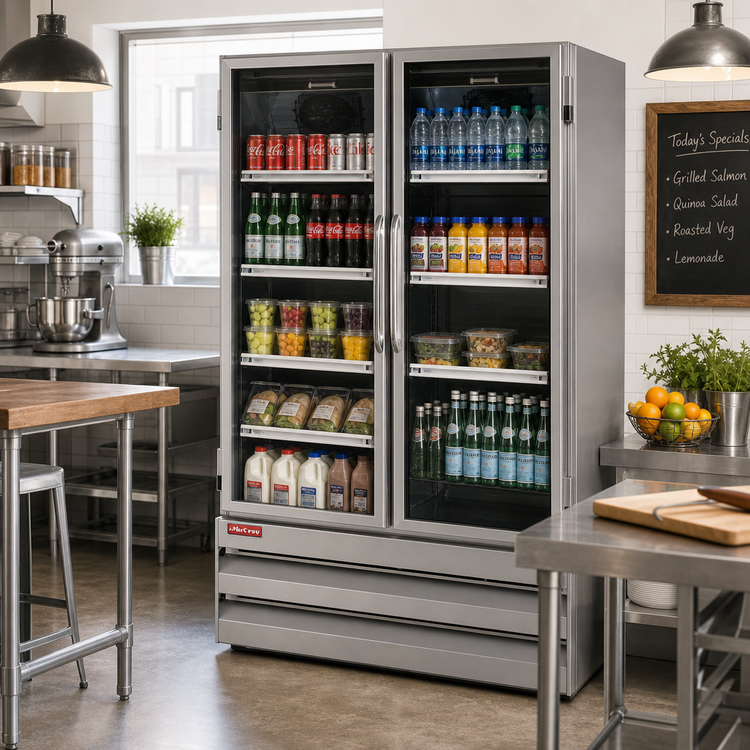 Product image #3 for Howard-McCray 42 Cu. Ft. Two-Section Black Hinged Glass Door Merchandiser Refrigerator, Bottom Mount Self-Contained