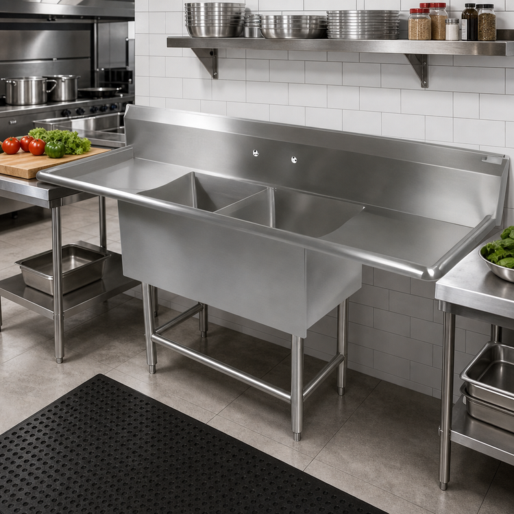 Product image #2 for John Boos Pro-Bowl 2-Compartment Floor Model Stainless Steel Sink with Dual Drainboards and 10-Inch Backsplash
