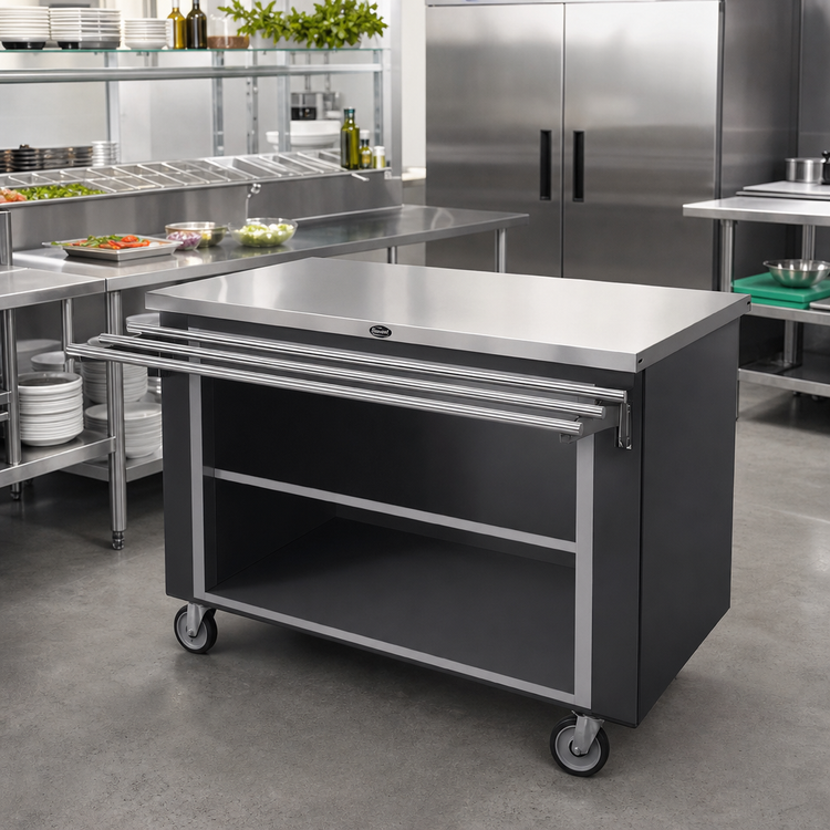 Product image #2 for Randell Mobile Modular Serving Line Worktop Utility Stand with Enclosed Fiberglass Base and 16-Gauge Stainless Steel Top, 86W x 30D x 35.5H