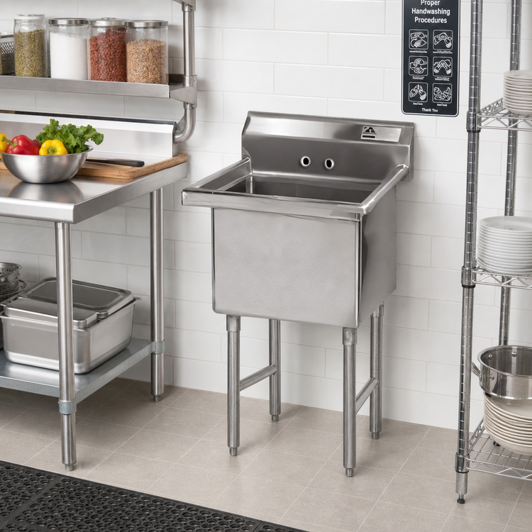 Product image #2 for Advance Tabco Special Value 1-Compartment Fabricated Sink with Legs, 24 x 24 x 14 Bowl, 304 Stainless Steel, No Drainboards