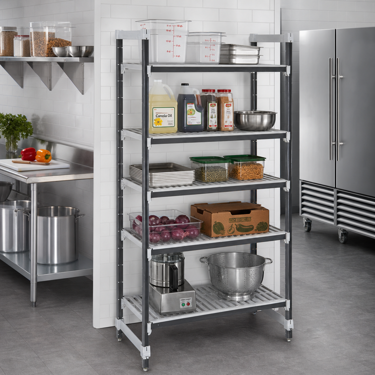 Product image #2 for Cambro Camshelving Elements XTRA 5-Tier Stationary Starter Unit, 24" W x 18" D x 72" H, Vented, Speckled Gray