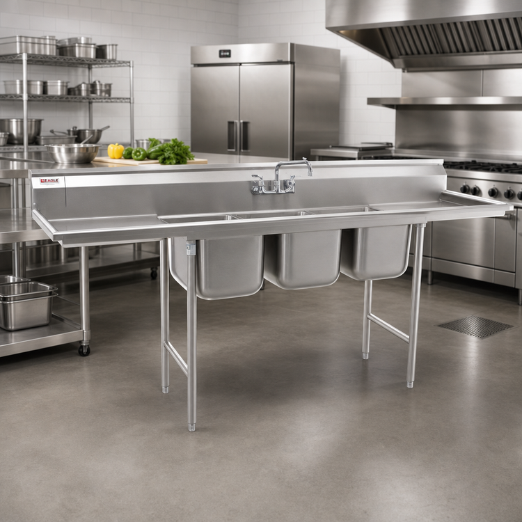 Product image #2 for Eagle Group Freestanding Three-Compartment Stainless Steel Sink with Double Drainboards, 24 x 24 x 13-1/2 Inch Bowls