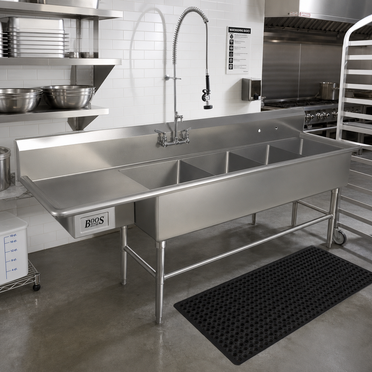 Product image #2 for John Boos Pro-Bowl 4-Compartment Sink with Left Drainboard, 20-Inch x 20-Inch x 12-Inch Bowls, 14-Gauge Stainless Steel