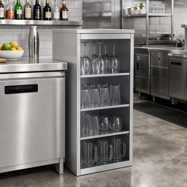 Product image #2 for Glastender Open Front Back Bar Glass Storage Cabinet with 3 Adjustable Shelves, 18 Inch Wide, Stainless Steel