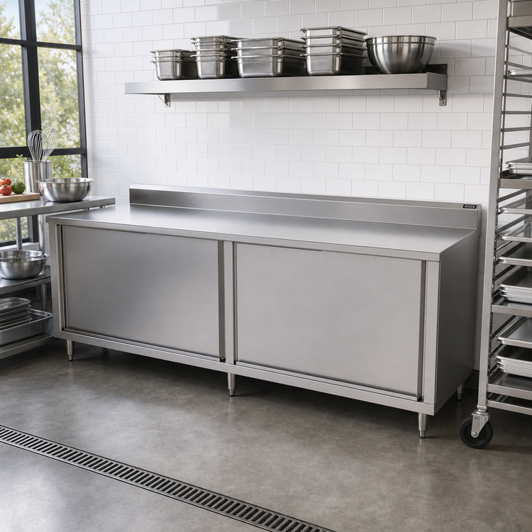 Product image #2 for John Boos 120 Inch x 30 Inch Enclosed Work Table with Sliding Doors, 16-Gauge 300-Series Stainless Steel Top, 5-Inch Backsplash