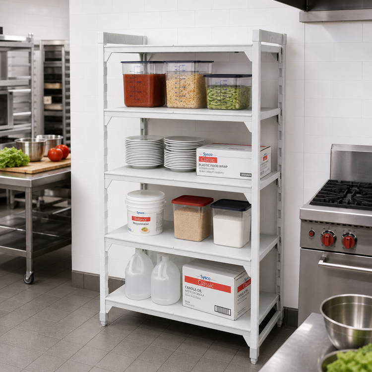 Product image #3 for Cambro Camshelving Premium 4-Tier Solid Stationary Starter Shelving Unit, 21 x 48 x 64 Inches, Speckled Gray