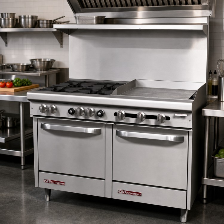 Product image #2 for Southbend S-Series 48-Inch Gas Restaurant Range with 4 Open Burners, 24-Inch Griddle & 2 Space Saver Ovens