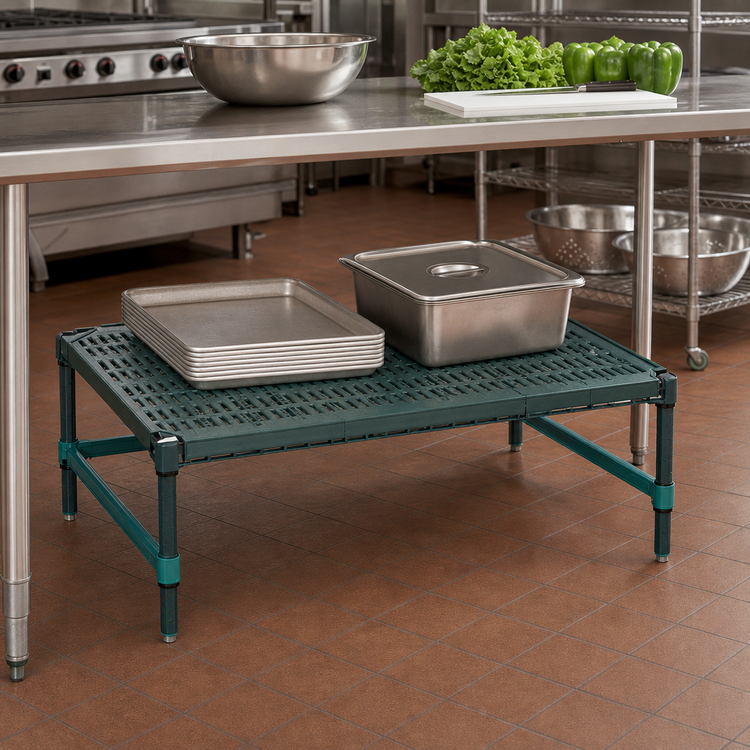 Product image #2 for QuadPlus Mobile Dunnage Rack with 3-Sided Frame and Louvered Polypropylene Mat, 48 x 24 x 14 Inches
