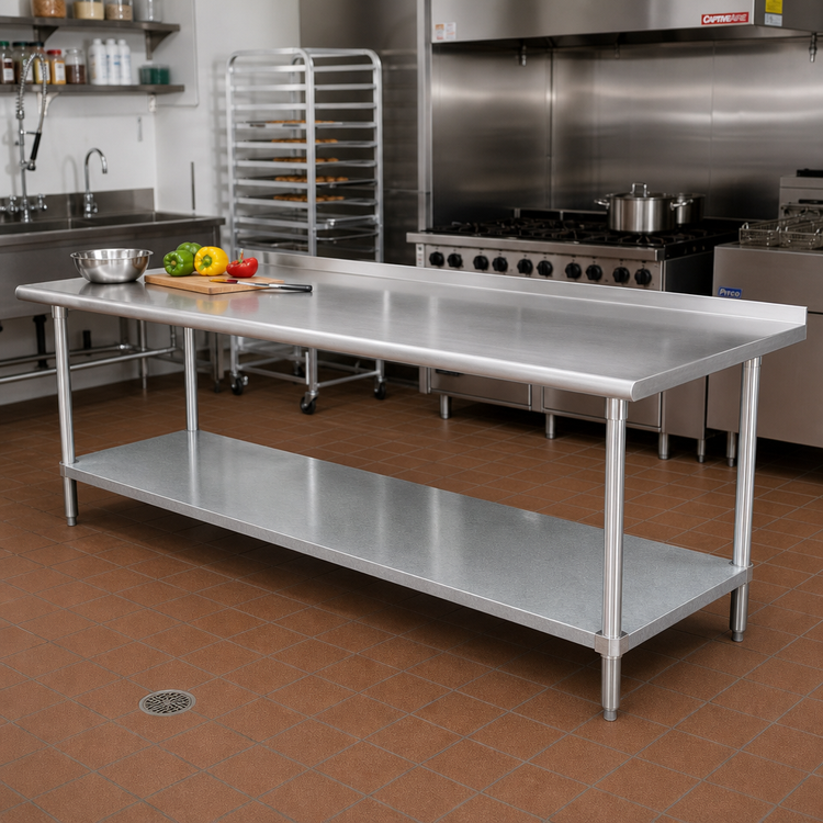 Product image #2 for Advance Tabco 144-Inch x 30-Inch 16 Gauge 430 Stainless Steel Work Table with Rear Up-Turn and Galvanized Undershelf