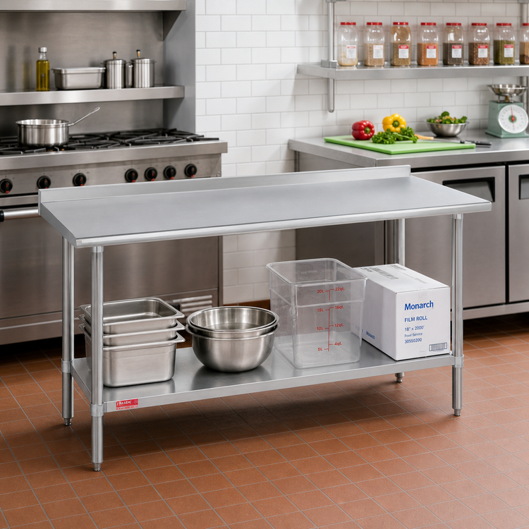 Product image #2 for 60 Inch x 30 Inch Freestanding Stainless Steel Work Table with 1-1/8 Inch Riser and Galvanized Undershelf