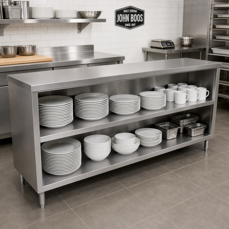 Product image #2 for John Boos Open Front Stainless Steel Dish Cabinet with Mid-Shelf, 120 Inch Wide