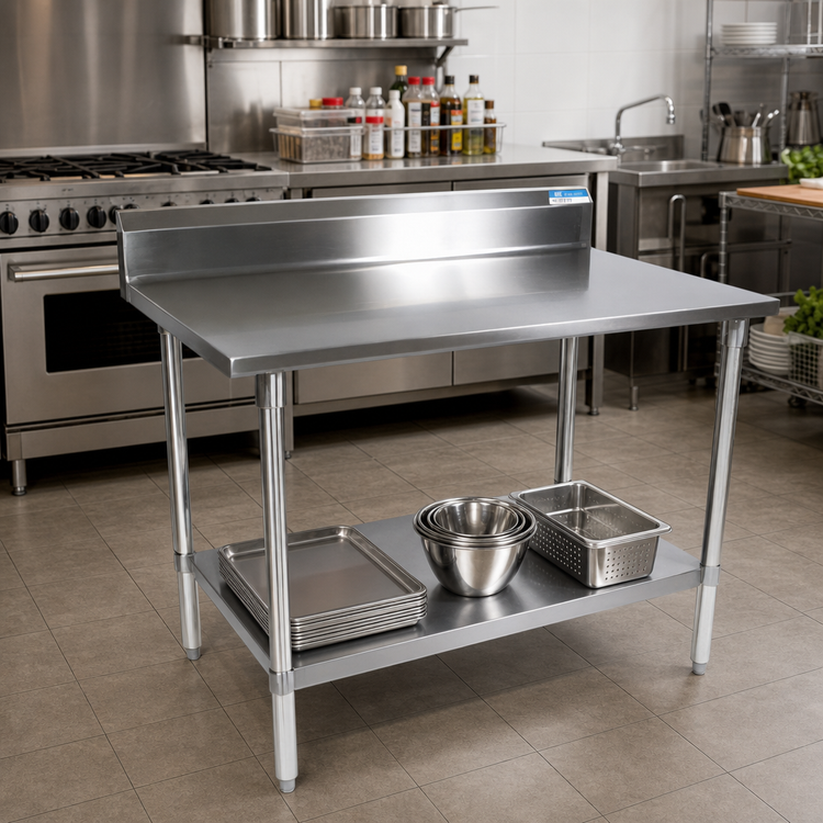 Product image #2 for BK Resources 48" x 24" 5" Backsplash Stainless Steel Work Table with Galvanized Legs and Undershelf